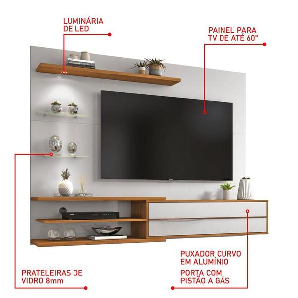 Imagem de Painel Suspenso Para TV 1 Porta 4 Prateleiras Luz LED Sala de Estar Off White e Marrom Madeira