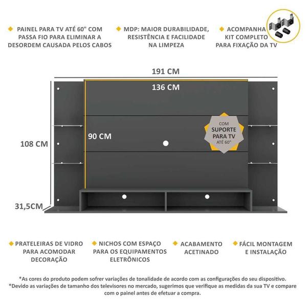 Imagem de Painel TV 60" c/ Suporte e Prateleiras de Vidro Nairóbi Multimóveis Grafite