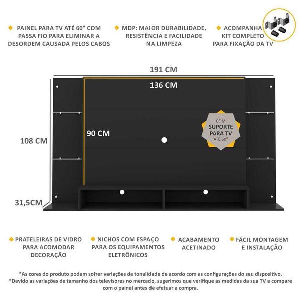 Imagem de Painel TV 60" c/ Suporte e Prateleiras de Vidro Nairóbi Multimóveis Preto
