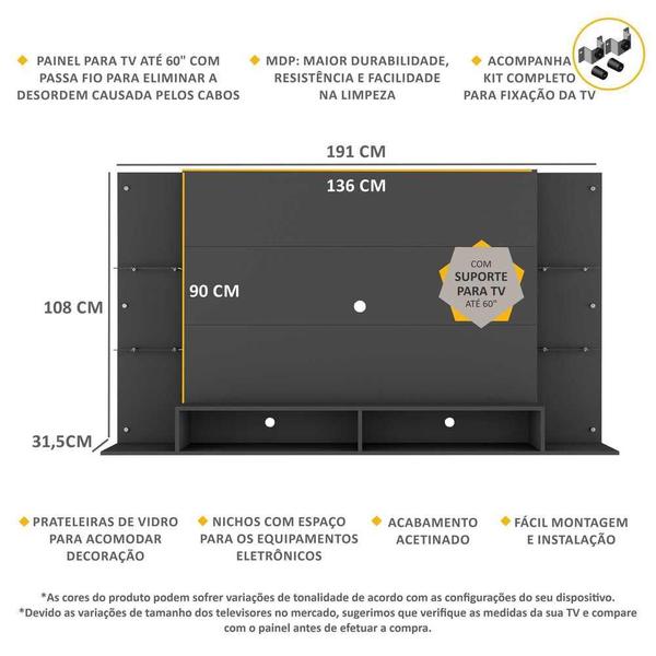 Imagem de Painel TV 60" com Suporte e Prateleiras de Vidro Brasil Multimóveis BR3071 Preto