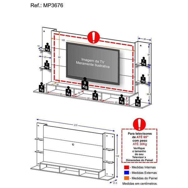 Imagem de Painel TV 65" com 4 Leds e Prateleiras de Vidro Vegas Premium Multimóveis Branco