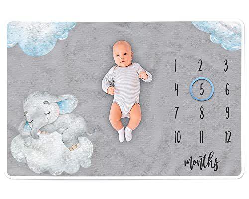 Imagem de Paishanas Baby Monthly Milestone Blanket  Menino  garota   de velo premium super macio  mensal do cobertor  elefante Adereços fotográficos para  recém-nascidos Cenário fotográfico 60" x 40"