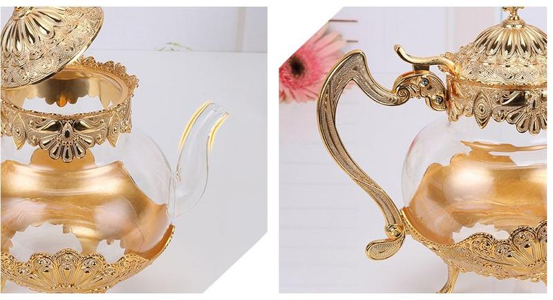 Imagem de Palácio Golden Glass Teapot Kitchen Metal Cold Kettle Coffee Pot European Style Decoração Glassware Aniversário Presentes de Casamento Bules (Dourado)