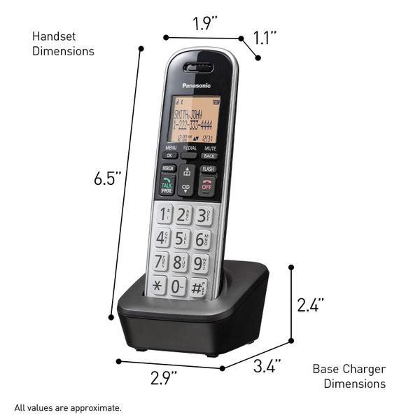 Imagem de Panasonic Compact Cordless Phone com DECT 6.0, 1.6 "Amber LCD e teclado HS iluminado, bloco de chamadas, identificador de chamadas, vários idiomas de exibição - 1 aparelho - KX-TGB810S (preto / prata)