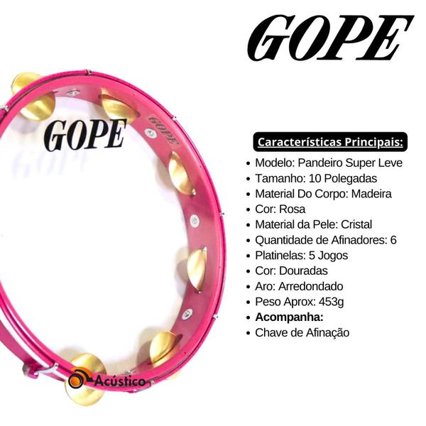 Imagem de Pandeiro Super Leve 10" Com Pele Cristal Gope Rosa