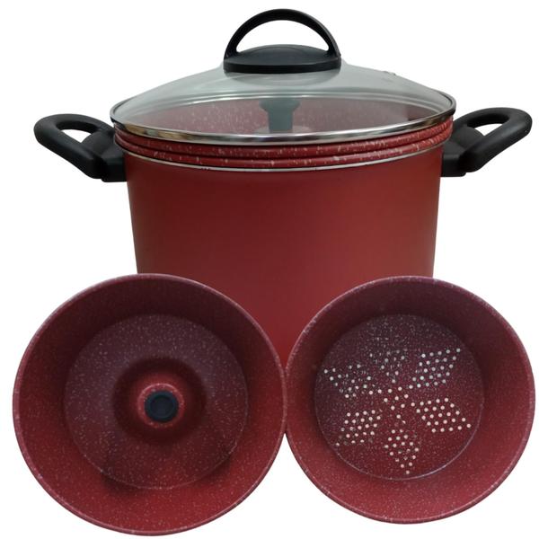 Panela Antiaderente Vermelho e Preto 3x1 Espagueteira Pudim Cuscuz Vapor Top - RL Imagem de Panela Antiaderente Vermelho e Preto 3x1 Espagueteira Pudim Cuscuz Vapor Top