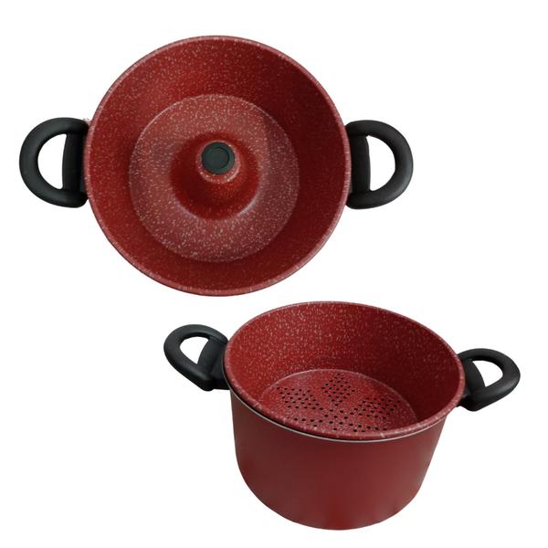 Panela Antiaderente Vermelho e Preto 3x1 Espagueteira Pudim Cuscuz Vapor Top - RL Imagem de Panela Antiaderente Vermelho e Preto 3x1 Espagueteira Pudim Cuscuz Vapor Top