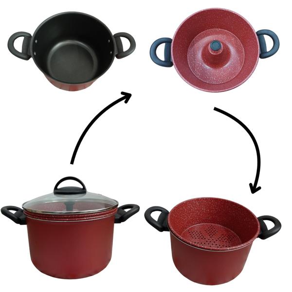 Panela Antiaderente Vermelho e Preto 3x1 Espagueteira Pudim Cuscuz Vapor Top - RL Imagem de Panela Antiaderente Vermelho e Preto 3x1 Espagueteira Pudim Cuscuz Vapor Top