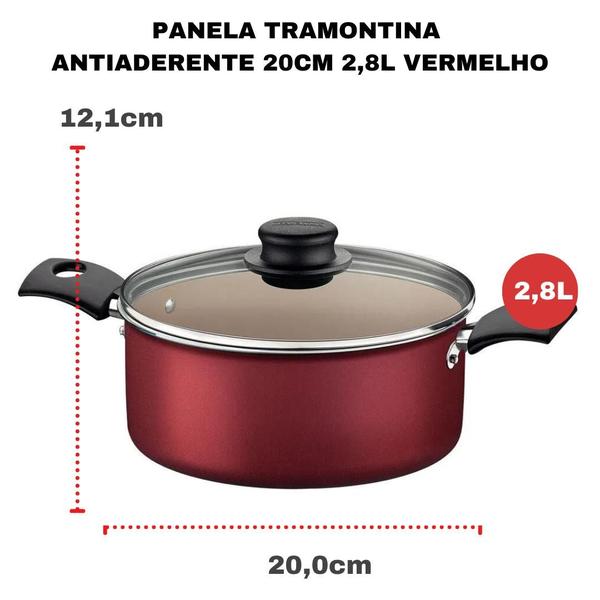 Imagem de Panela Caçarola Tramontina Avulsa Antiaderente Aluminio 20 cm 2,8 Litros Turim Vermelha Não Gruda