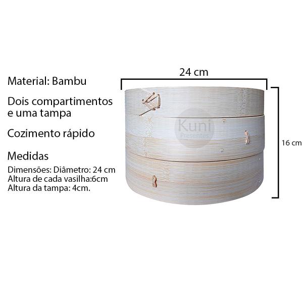 Imagem de Panela De Bambu A Vapor 24cm Com 2 Vasilhas E Tampa