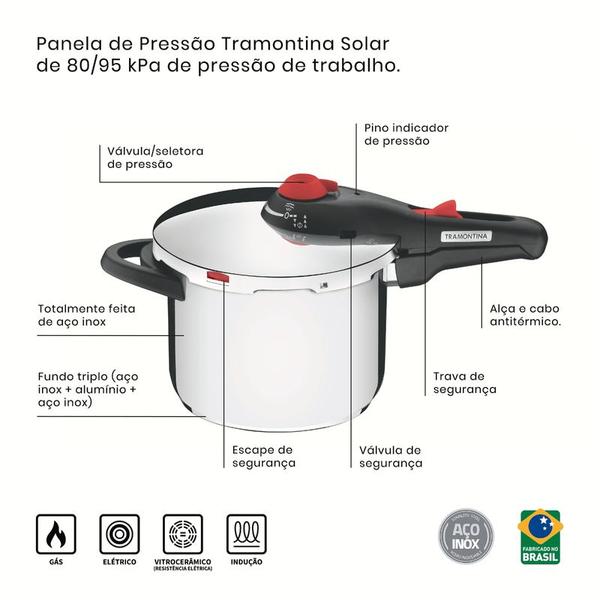 Imagem de Panela de Pressão 6 Litros Tramontina Solar em Aço Inox Fundo Triplo com 5 Dispositivos de Segurança 22 cm