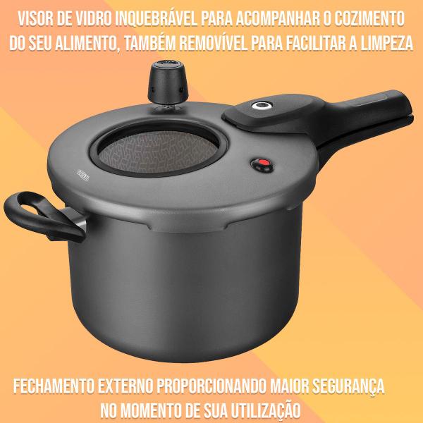 Imagem de Panela de Pressão Fechamento Externo 4,5L Antiaderente de Alumínio com Visor de Vidro Inquebrável Certificada