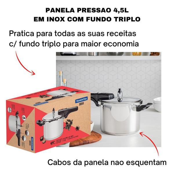 Panela de Pressão Inox Fundo Triplo Indução 4,5 Litros Tramontina Brava Imagem de Panela de Pressão Inox Fundo Triplo Indução 4,5 Litros Tramontina Brava