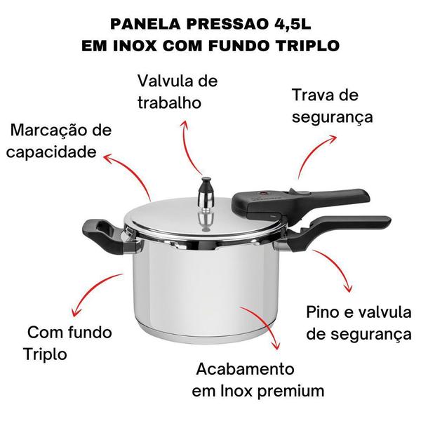 Panela de Pressão Inox Fundo Triplo Indução 4,5 Litros Tramontina Brava Imagem de Panela de Pressão Inox Fundo Triplo Indução 4,5 Litros Tramontina Brava