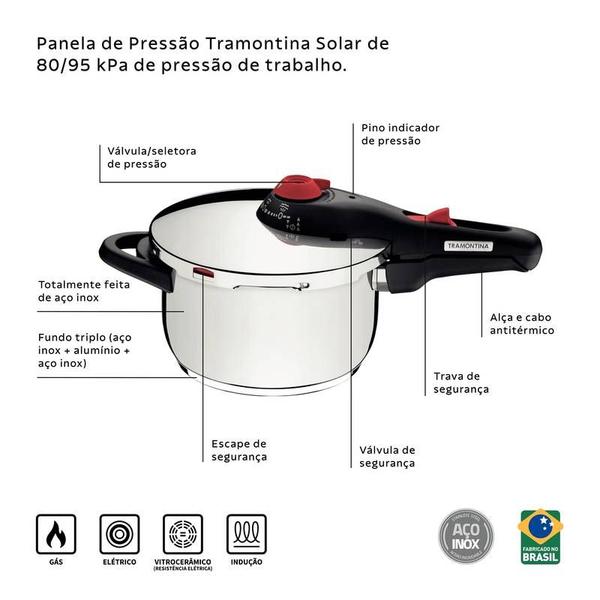 Imagem de Panela de pressão tramontina solar em aço inox fundo triplo com 5 dispositivos de segurança 22 cm 4,5 l