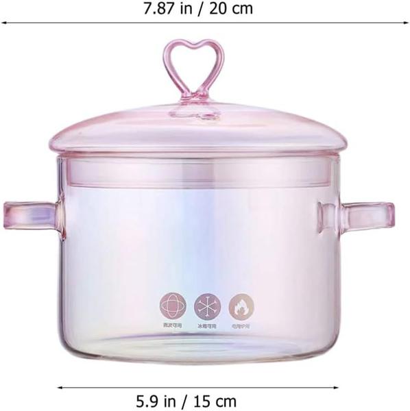 Imagem de Panela de vidro com tampa e alça, panela de vidro transparente para sopa, macarrão, comida para bebê, rosa, 1500ML