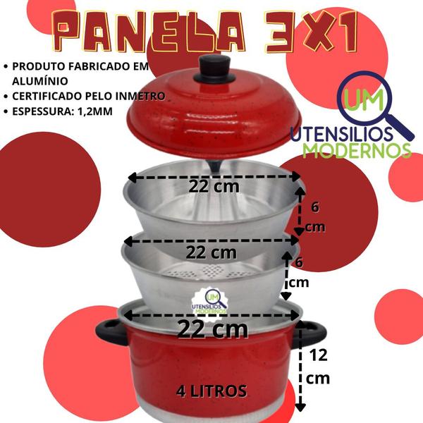 Imagem de Panela multiuso em Alumínios Vermelho  3 em 1 Cozi vapor Pudim Legumes a Vapor  