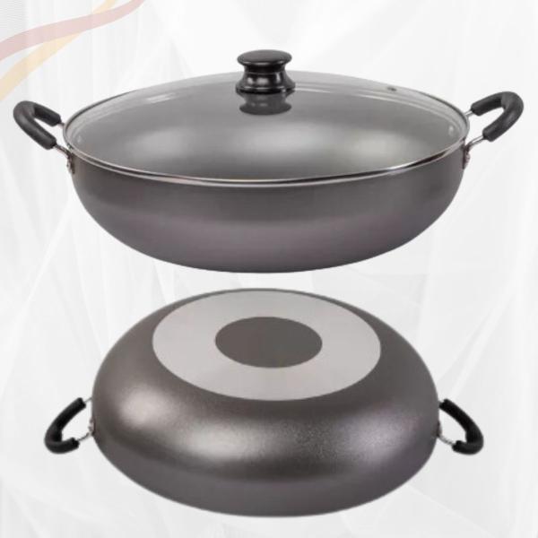 Imagem de Panela Premium Wok Antiaderente Com Tampa De Vidro 32cm Cor Grafite e Creme/Cereja