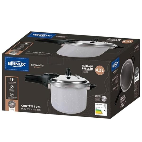 Imagem de Panela Pressão Antiaderente Cerâmica Brinox 4,2 Litros Cooktop Fogão Indução Fechamento Externo Gris