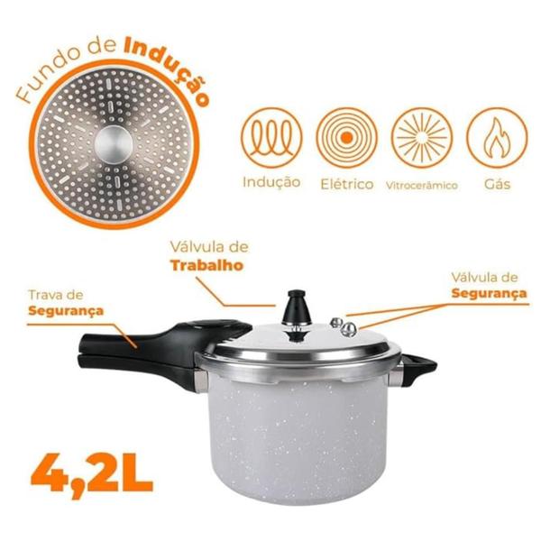 Imagem de Panela Pressão Antiaderente Cerâmica Brinox 4,2L Fogão Indução Fechamento Externo Gris e Ramekin