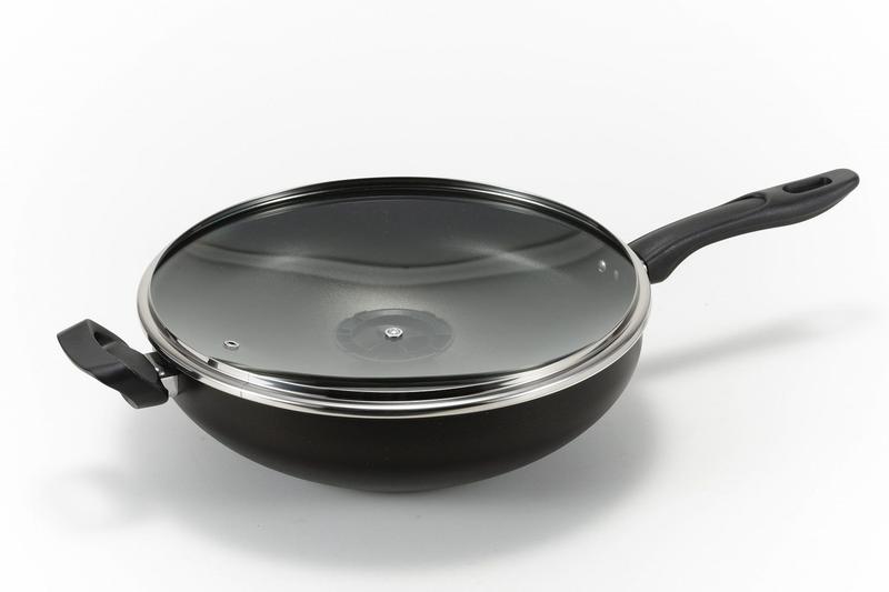 Imagem de Panela Wok 30cm Alumínio Antiaderente Grosso com Tampa de Vidro - Culinária Oriental Yakisoba e Risoto