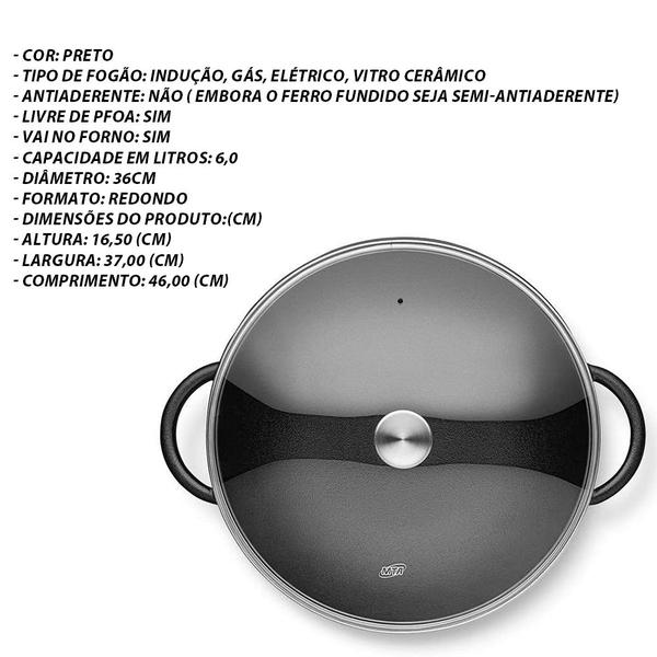 Imagem de Panela Wok 36Cm 6 Litros Ferro Fundido Com Tampa De Vidro - Mta