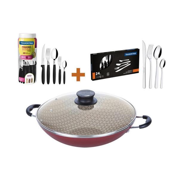 Panela Wok 36Cm + Faq Preto 30Pç + Faq Inox 24Pç Tramontina Imagem de Panela Wok 36Cm + Faq Preto 30Pç + Faq Inox 24Pç Tramontina