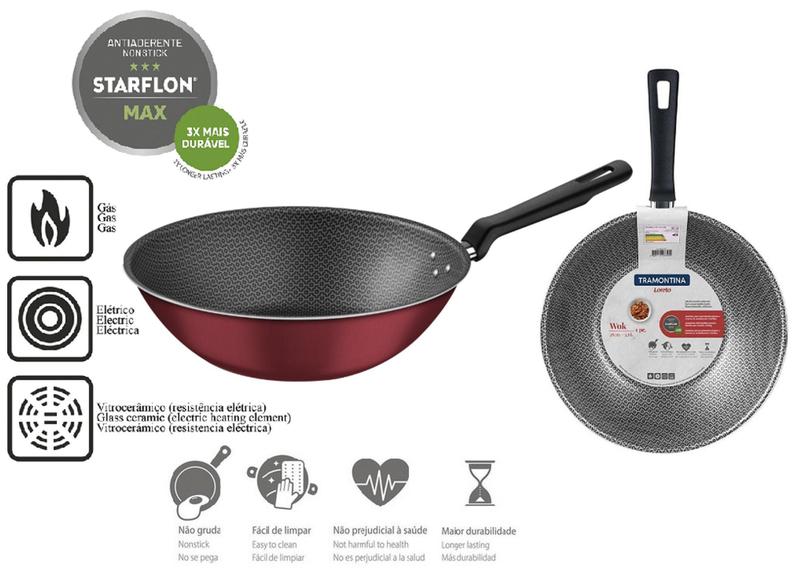 Imagem de Panela Wok Antiaderente Tramontina 28cm 3,6 Litros Loreto Starflon Max Vermelho