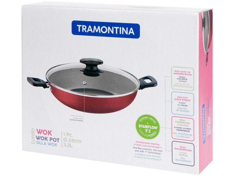 Imagem de Panela Wok Antiaderente Tramontina de Alumínio - com Tampa Loreto Vermelha 28cm