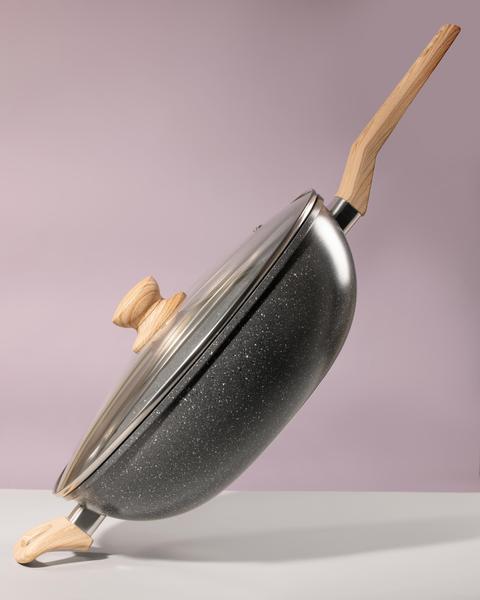 Imagem de Panela Wok Cerâmica 5,5 Litros Com Tampa 31cm Marble Cinza Escuro