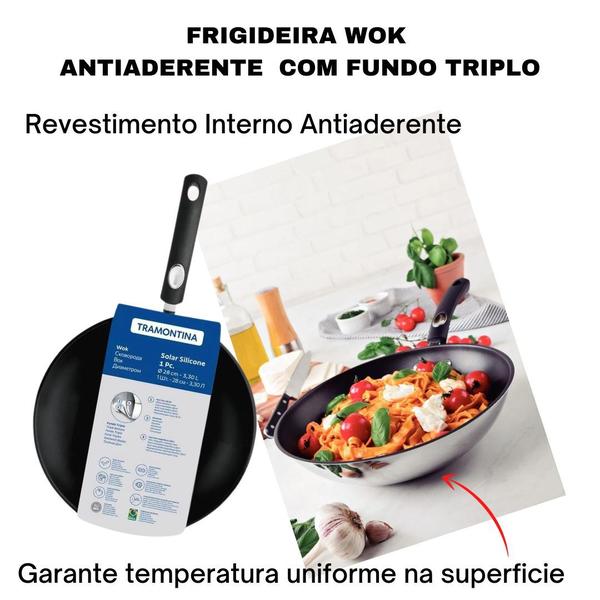 Imagem de Panela Wok Frigideira Antiaderente Funda Grande Aço Inox Cooktop Fogão Indução 28cm