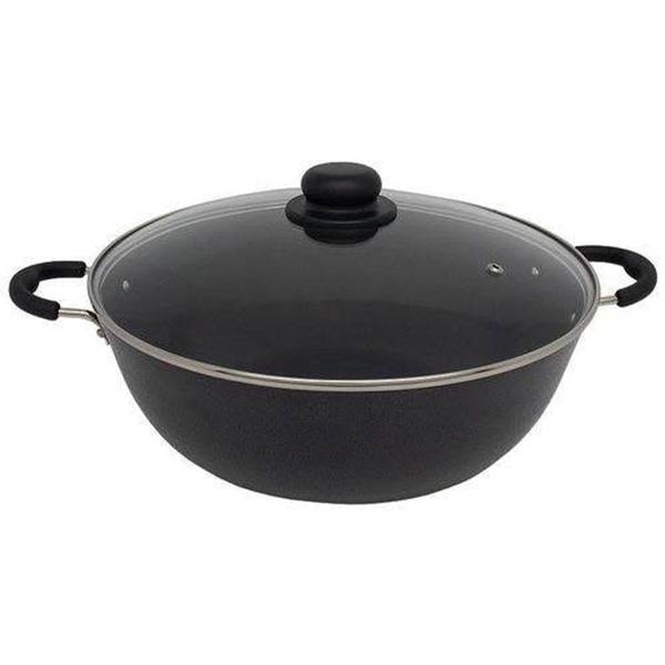 Imagem de Panela Wok Grande Antiaderente Tampa de Vidro Diâmetro 32 cm.