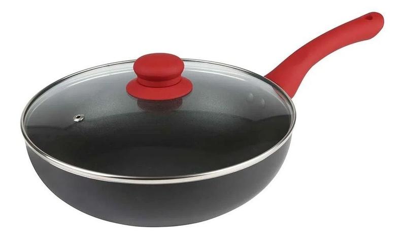 Imagem de Panela Wok Linha Aroma 24cm Mor 2,5l Cabo Vermelho Com Tampa