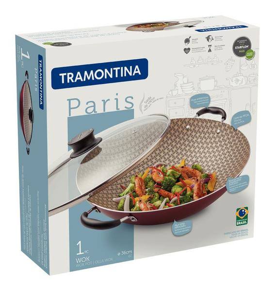 Imagem de Panela Wok Paris 36 cm 6,0 L em Alumínio com Revestimento Antiaderente Vermelho com Tampa de Vidro Tramontina 20545/736