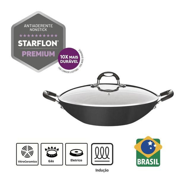 Imagem de Panela Wok Tramontina Com Tampa Antiaderente 32CM Monaco Grande e Funda Preta