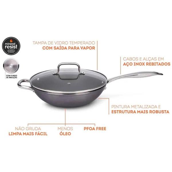 Imagem de Panela Wok Unique Ceramic Life Cinza Em Alumínio 3,0L Com Tampa e Fundo de Indução 4793134 Brinox