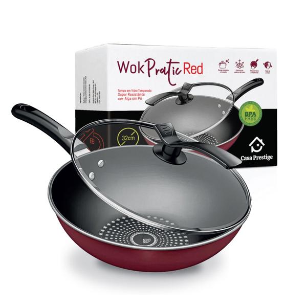 Imagem de Panela Wok Vermelha Antiaderente 32cm Indução Gás