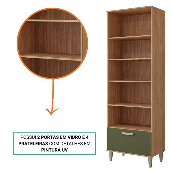 Imagem de Paneleiro Cristaleira 100%Mdf 70Cm 3 Portas 2 Em Vidro E 1 Gaveta Bella Mgm Móveis Freijó/Verde