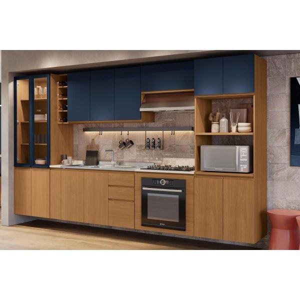 Imagem de Paneleiro de Cozinha Cristaleira Ciela R631 c/ 4 Portas (2 c/ Vidro) 70x220cm Canela/Azul - Kappesberg