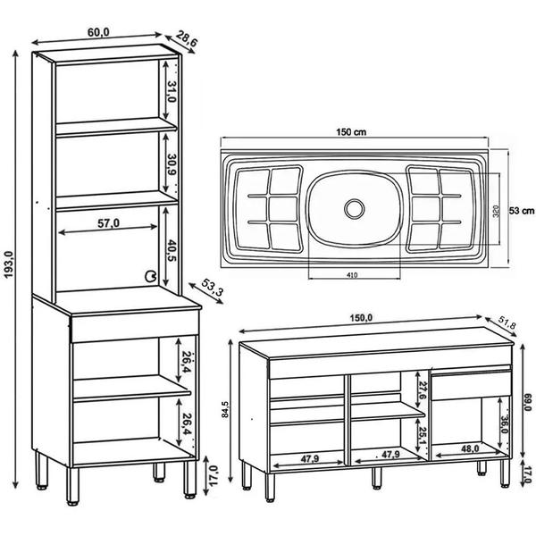 Paneleiro e Balcão Gabinete com Pia 150cm Lina K02 Gris - Mpozenato Imagem de Paneleiro e Balcão Gabinete com Pia 150cm Lina K02 Gris - Mpozenato