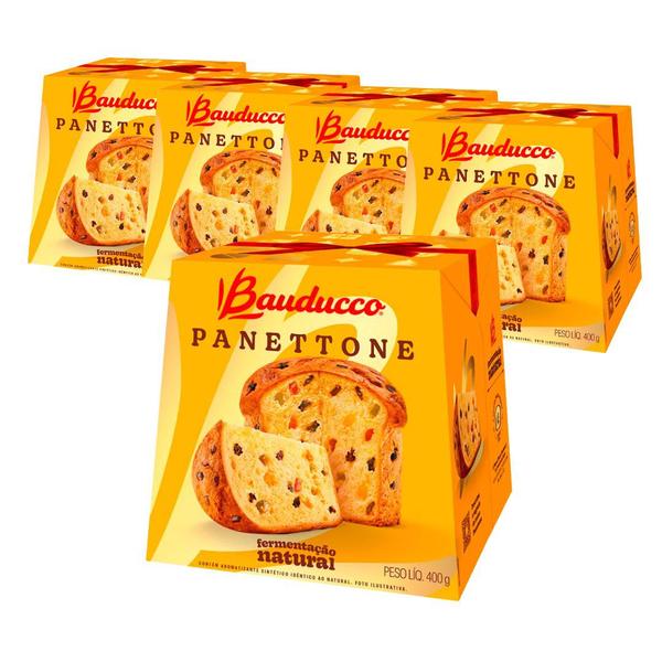 Panetone Bauducco Tradicional Frutas 5 Panettones de 400g Imagem de Panetone Bauducco Tradicional Frutas 5 Panettones de 400g