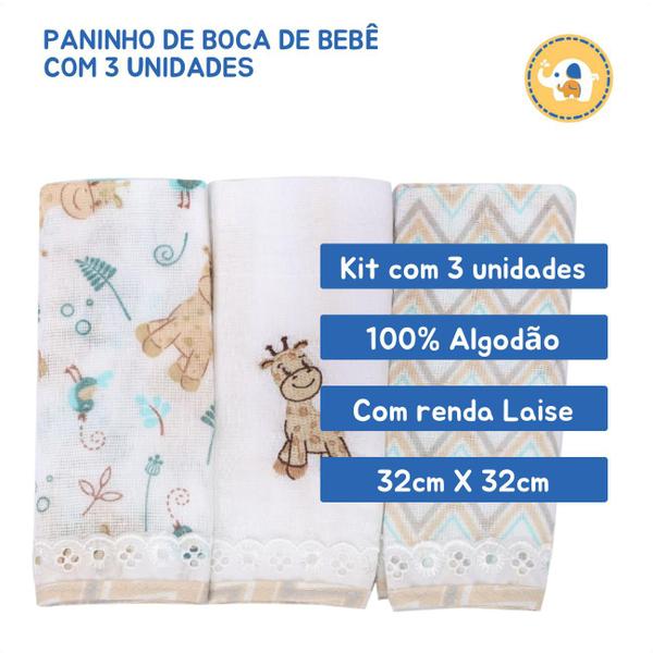 Imagem de Paninho de Boca Bebe Fralda Bordado 32cmx32cm Kit 3 unidades 100% Algodão Toalhinha Macia e Absorvente Neutra