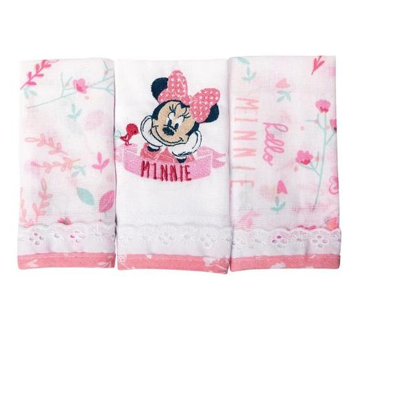 Imagem de Pano de Boca Babete Fralda Bebê 100% Algodão Bordada Minnie Mickey Disney c/3un