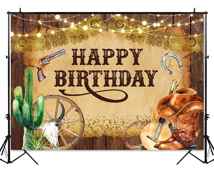 Pano de fundo de festa Mocsicka Western Cowboy Birthday 2,1x1,5 m Imagem de Pano de fundo de festa Mocsicka Western Cowboy Birthday 2,1x1,5 m