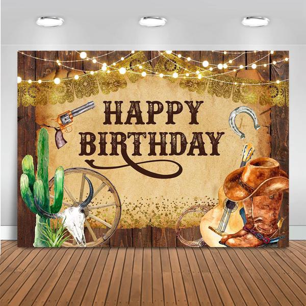 Pano de fundo de festa Mocsicka Western Cowboy Birthday 2,1x1,5 m Imagem de Pano de fundo de festa Mocsicka Western Cowboy Birthday 2,1x1,5 m