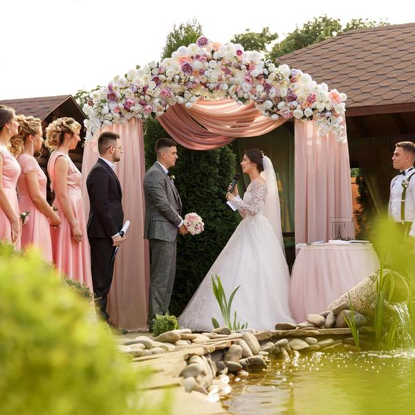 Imagem de Pano de fundo de tecido drapeado em arco de casamento Wokceer Dusty Rose