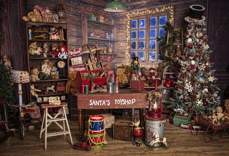 Imagem de Pano de fundo fotográfico HMTFOTO SANTA'S TOYSHOP 2,1x1,5 m