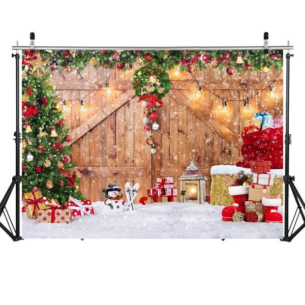 Imagem de Pano de fundo fotográfico SJOLOON Rustic Christmas Barn Wood Door