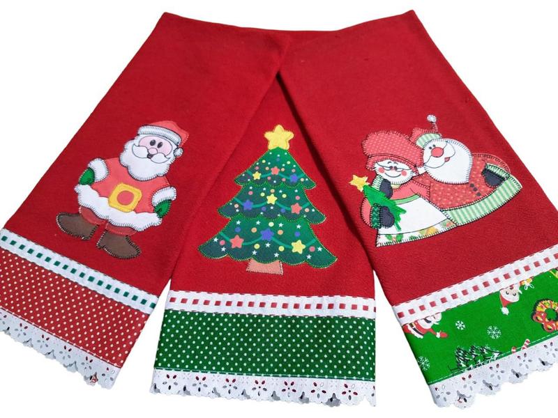 Imagem de Pano de Prato NATAL VERMELHO Bordado Patchwork Revenda Kit 5 unidades 