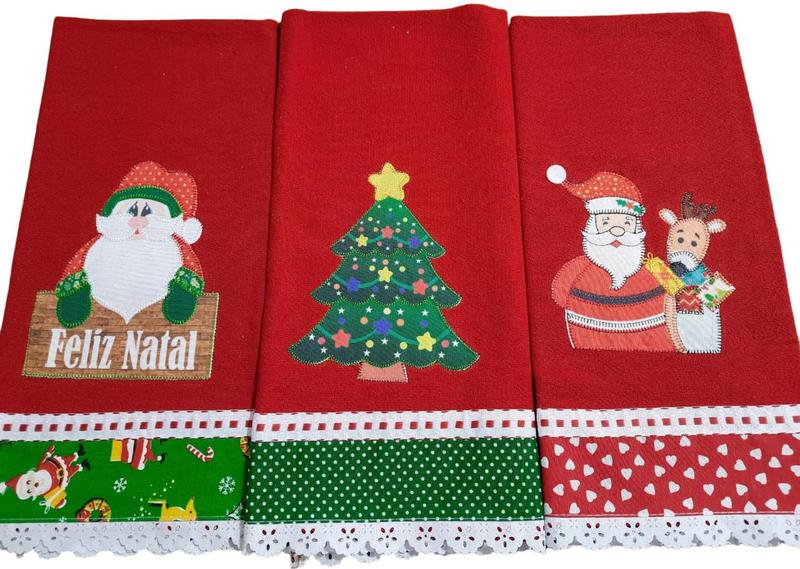 Imagem de Pano de Prato NATAL VERMELHO Bordado Patchwork Revenda Kit 5 unidades 